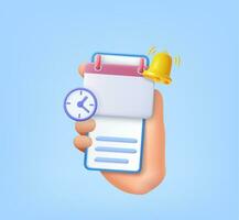 3D reminder in calendar on mobile phone in hand. notifications icon with floating elements. Alert for business planning ,events, reminder and timetable. 3d rendering. Vector illustration