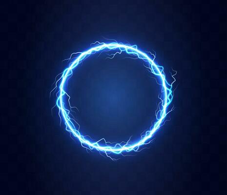 Realistic magic circle of thunder storm blue lightnings. Magic and bright lighting effects. Electric circle. Round frame with electricity and lightnings.