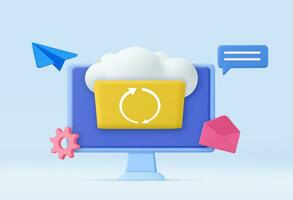 3d Cloud storage icon. Digital file organization service or app with data transfering. 3d rendering. Vector illustration