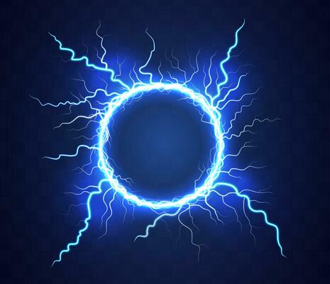 Realistic magic circle of thunder storm blue lightnings. Magic and bright lighting effects. Electric circle. Round frame with electricity and lightnings.
