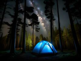 AI generated night view of camping tent with forest photo