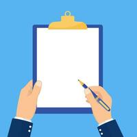 Man holds a clipboard and writes. Empty blank. Pen in hand. A blank sheet of paper to write. Vector illustration in flat style