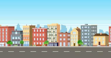 City facade buildings town street panorama concept. Modern city, town street. sidewalk with city lights and road. Vector illustration in flat style