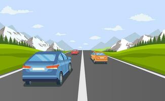 highway drive with beautiful landscape. Travel road car view. Road with cars. City traffic on highway with panoramic views vector illustration in flat design