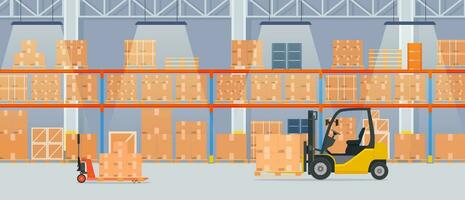 Warehouse interior with cardboard boxes on metal racks. Warehouse interior with goods, pallet trucks, forklift truck and container package boxes. Vector illustration in flat style