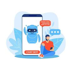 Chatbot ai and customer service concept. man talking with chatbot in a big smartphone screen. AI robot assistant for user correspondence. Customer support. Helping. Vector illustration in flat style