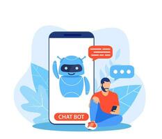 chatbot ai y cliente Servicio concepto. hombre hablando con chatbot en un grande teléfono inteligente pantalla. ai robot asistente para usuario correspondencia. cliente apoyo. Ayudar. vector ilustración en plano estilo