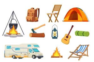 cartoon set of camping elements. Summer camp with tent, bonfire, backpack and van. Equipment for travel, hiking and activity vacation. Vector illustration in flat design