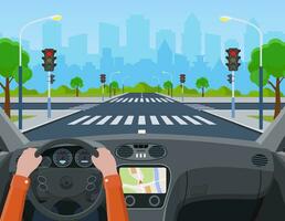 city crossroad. Hands driving a car on the street. city road on crosswalk with traffic lights. markings and sidewalk for pedestrians. Vector illustration in flat style