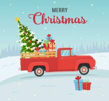 cartoon Christmas and New Year greeting card.Christmas card or poster design with retro red pickup truck with christmas tree and gift boxes on board. Vector illustration in flat style