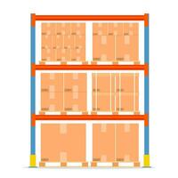 Warehouse shelves with boxes. Storage equipment icon isolated on white. Goods and container package. Vector illustration in flat style