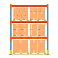 Warehouse shelves with boxes. Storage equipment icon isolated on white. Goods and container package. Vector illustration in flat style