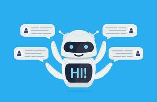 Chatbot robot concept. Cute bot say users Hi. Chatbot greets. Online consultation. Bot holds speech bubbles. Vector illustration in flat style