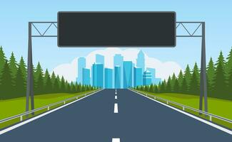 highway road. Empty road with city skyline on horizon and nature landscape. road to city with information dashboard. vector illustration in flat design