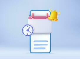 3D reminder in calendar on mobile phone. notifications icon with floating elements. Alert for business planning ,events, reminder and timetable. 3d rendering. Vector illustration