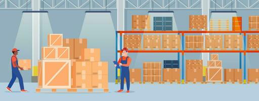 Warehouse interior with cardboard boxes on metal racks and working people.. Warehouse interior with goods, pallet trucks and container package boxes. Vector illustration in flat style