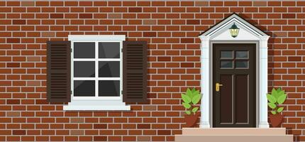 Wooden door and Window on brick house front view, architecture background, building home real estate backdrop. Vector illustration in flat style