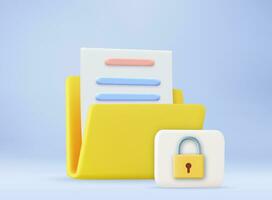 3D Folder with Lock. Personal data security concept. Protected information. File management. Database archive. 3d rendering. Vector illustration