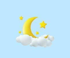 3d creciente luna, dorado estrellas y blanco nubes aislado en azul antecedentes. sueño, canción de cuna, Sueños antecedentes diseño para bandera, folleto, póster. 3d representación. vector ilustración