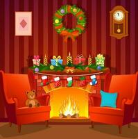 Cartoon Christmas interior with fireplace, wreath, armchairs. Merry Christmas and Happy New Year greeting card background poster. Vector illustration