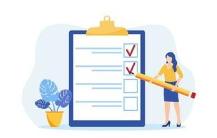 Positive business people with a magnifying glass nearby are marked with a checklist on clipboard paper. Successfully complete business assignments. Vector illustration in flat style