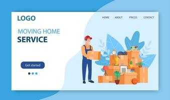 Concept moving house. Relocation to apartment. Delivery service. Moving with boxes to new home. Pile of stacked cardboard boxes. Landing page concept. Vector illustration in flat style