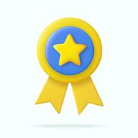 3d Winner medal with star and ribbon. Cartoon minimal style. Premium quality, quality guarantee symbol. 3d rendering Certificate Blank badge icon. Vector illustration