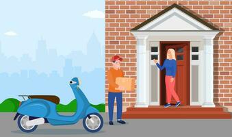 Man left cardboard boxes with goods near house facade. Courier character holds parcel. Carton delivery packaging closed box. Free and fast shipping. Vector illustration in flat style