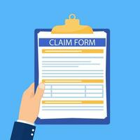 Hand hold clipboard with claim form on it, paper sheets, Concept of fill out or online survey insurance application form. Vector illustration in flat style