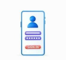 Account login and password form on smartphone app. User authorization, login authentication page, sign up concept. 3d rendering. Vector illustration