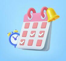 3d calendario con reloj y campana. organizador con reloj y campana para negocio recordatorio y evento planificación o fecha límite concepto. 3d representación. vector ilustración