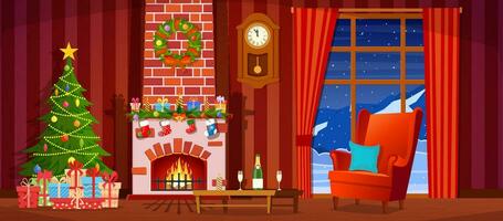 Christmas interior of the living room with a Christmas tree, gifts and a fireplace. Vector illustration