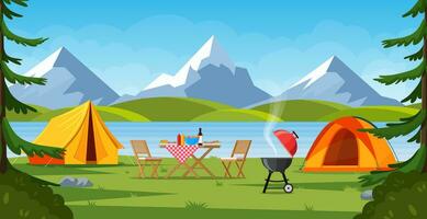 Camping tent near the lake and mountains. Summer or spring landscape. Cartoon tourist camp with picnic spot and tent among forest, mountain landscape. Vector illustration in flat style