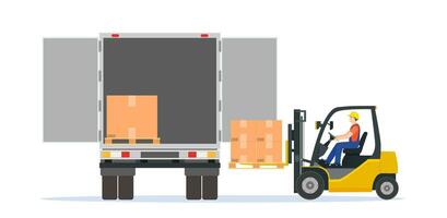 Forklift loading pallet boxes into truck. Electric uploader loading cardboard boxes in delivery car. Logistic shipping cargo. Storage equipment. Vector illustration in flat style