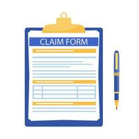 clipboard with pen and claim form. Modern icon design Concept of fill out or online survey insurance application form. Vector illustration in flat style