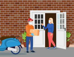 Safe home delivery during coronavirus covid-19 Man left cardboard boxes with goods. Courier character holds parcel. Free and fast shipping. Vector illustration in flat style