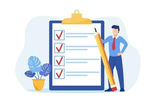 Positive business man with a giant pencil on his shoulder nearby marked checklist on a clipboard paper. Task done business concept. Vector illustration in flat style