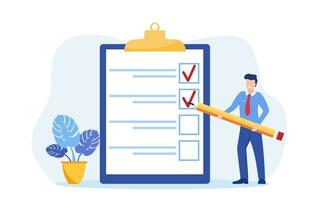 Positive business people with a magnifying glass nearby are marked with a checklist on clipboard paper. Successfully complete business assignments. Vector illustration in flat style