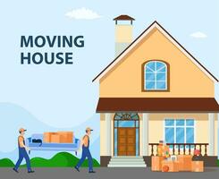 Delivery and relocation service concept. moving house. Delivery character man movers carry sofa with big carton cardboard box. Vector illustration in flat style