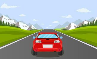 highway drive with beautiful landscape. Travel road car view. Road with car. highway with panoramic views vector illustration in flat design