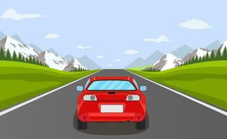 highway drive with beautiful landscape. Travel road car view. Road with car. highway with panoramic views vector illustration in flat design