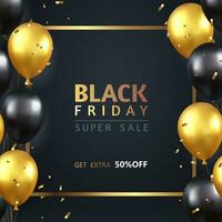 3d Black Friday sale banner with gold and black Balloons. Social media template for website and mobile website development, email and newsletter design, marketing material. vector