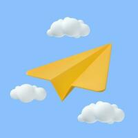 3d paper airplane with clouds Minimal cartoon cute smooth. creative vision leadership concept. Modern trendy design. 3d rendering. Vector illustration