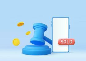 3d judge gavel with Mobile phone and coins flying. Concept of sales Auction court hammer bid authority symbol, 3d rendering. Vector illustration