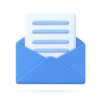 3d Render open mail Envelope with paper documents icon isolated on white background. . Read online message. Realistic symbol communication. Business news and invitations. Vector illustration