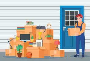 Moving to new house. Family relocated to new home. Male mover, paper cardboard boxes near house facade. Package for transportation. Vector illustration in flat style