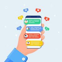 Hand holds smartphone. Online chat messages text notification on mobile phone. Icons, text messages, messages, notifications fly out of the screen. Vector illustration in flat style