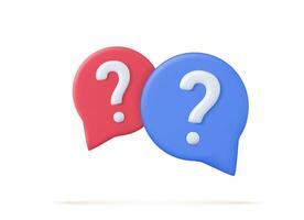 3d Speech bubble with question mark icon. FAQ, support, help concept. 3d rendering. Vector illustration