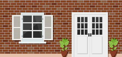 Wooden door and Window on brick house front view, architecture background, building home real estate backdrop. Vector illustration in flat style