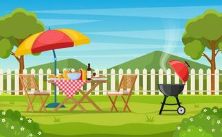 bbq party in the backyard with fence, trees, bushes. picnic with barbecue on summer lawn in park or garden food on table, chairs and umbrella. vector illustration in flat design